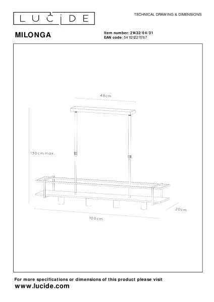 Lucide MILONGA - Pendant light - 4xE27 - White - technical